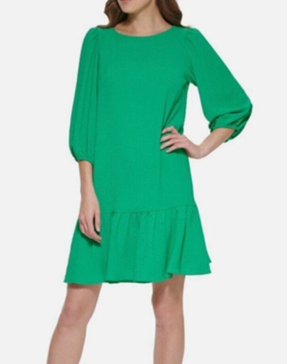 DKNY Green Drop Waist Ruffle Hem Dress Womens 4 Puff Sleeve